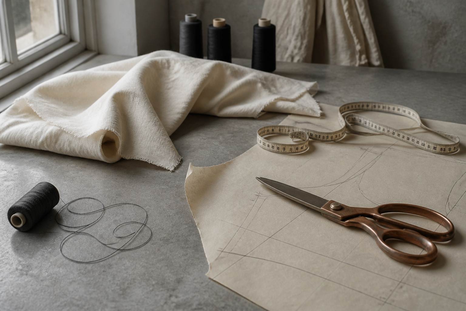 Dressmaker's shears and fabric on a worktable