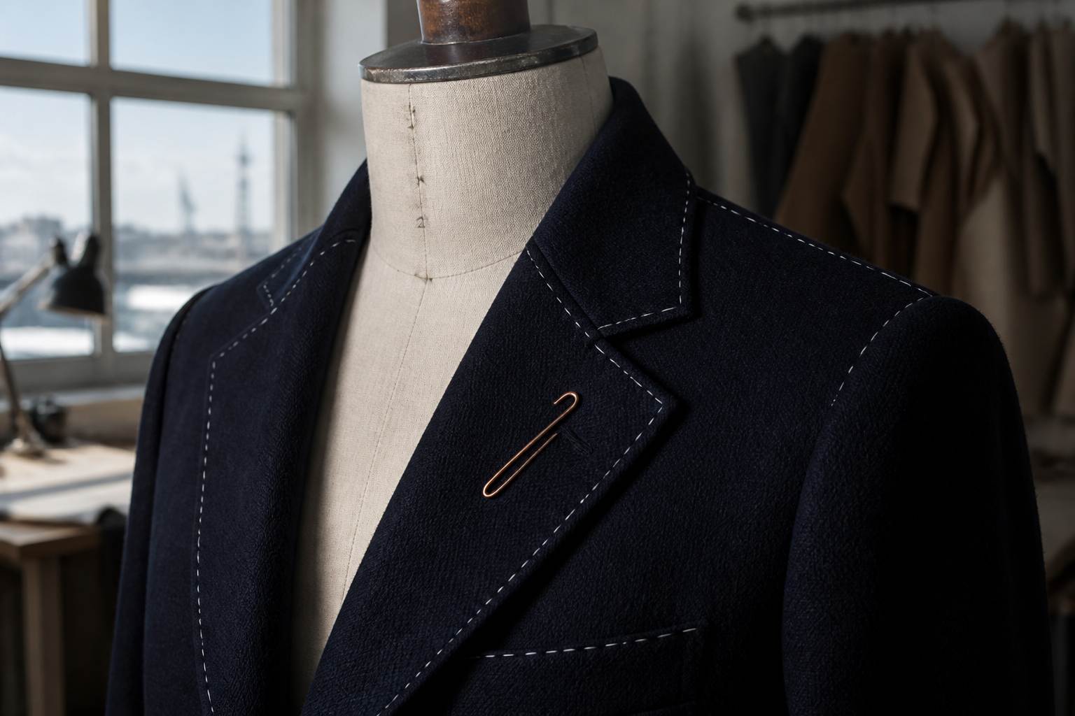 Close view of a navy tailored jacket